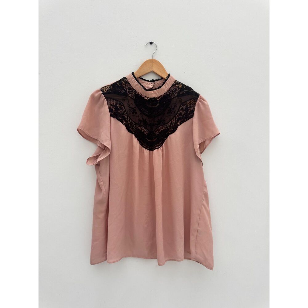 Heartsoul Victorian-Style Top - Pink - Black Lace Bib - Flutter Sleeve - Size 1X